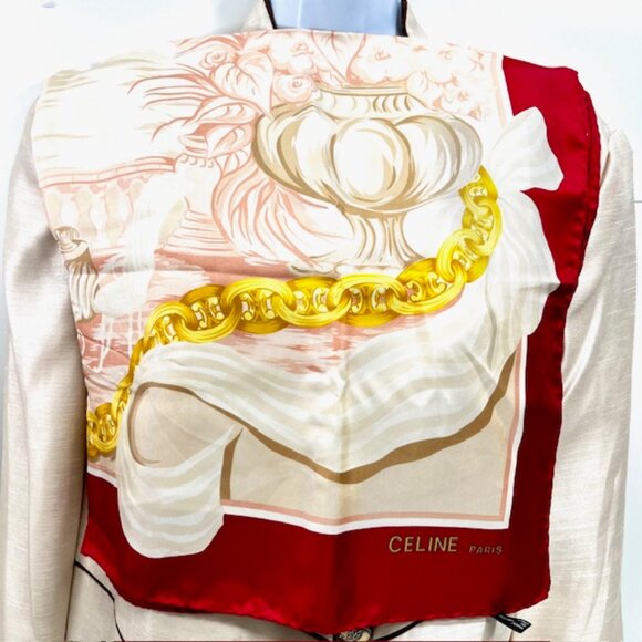 Vintage Celine Paris 100% Silk Scarf Satin 34" Beige Gold Chain Red trim (35) - Picture 10 of 15